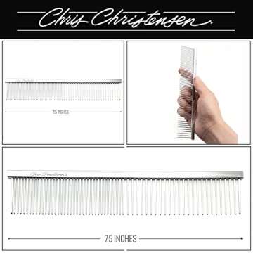 Chris Christensen 000 7.5 in. Greyhound Style Fine/Coarse Colored Butter Comb, Groom Like a Professional, Rounded Corners Prevent Friction and Breakage, Solid Brass with Steel Teeth, Chrome Finish