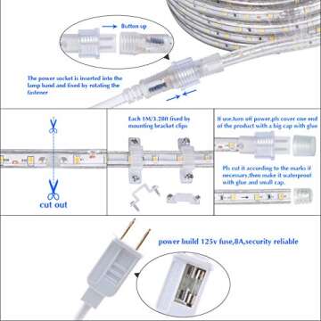 GuoTonG 50ft/15m LED Rope Lights 3000K Warm White, Strip Lights Kit Cuttable, Connectable, Waterproof, Flexible, 110V UL Listed Power. Ideal For Indoor/Outdoor Bedroom Garden Party Decorative Lighting