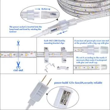 GuoTonG 50ft/15m LED Rope Lights 3000K Warm White, Strip Lights Kit Cuttable, Connectable, Waterproof, Flexible, 110V UL Listed Power. Ideal For Indoor/Outdoor Bedroom Garden Party Decorative Lighting