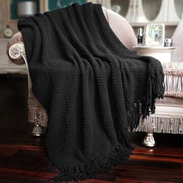 Home Soft Things Black Throw Blanket Knitted Tweed Throw 50'' x 60'', Raven, Super Soft Cozy Warm Co...