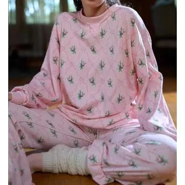 UAURORAO Women Floral 2 Piece Pajamas Set Y2k Long Sleeve V Neck Fitted Crop Top Leggings Set Casual Lounge Outfits Sleepwear(Flower Printed Pink,S)