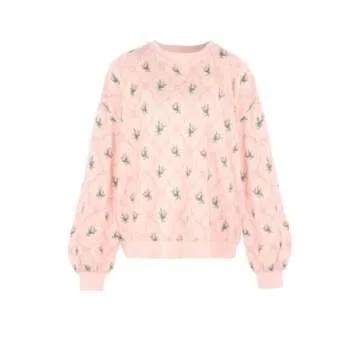 UAURORAO Women Floral 2 Piece Pajamas Set Y2k Long Sleeve V Neck Fitted Crop Top Leggings Set Casual Lounge Outfits Sleepwear(Flower Printed Pink,S)