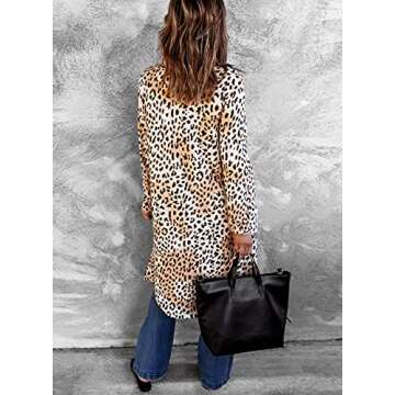 Elapsy Womens Casual Leopard Print Knitted Sweater Open Front Lightweight Kimono Cardigans Long Sleeve Long Knit Cardigan Sweater Plus Size Small