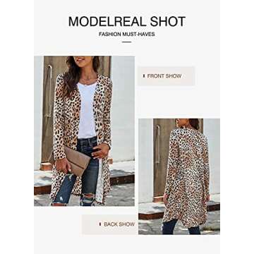 Elapsy Womens Casual Leopard Print Knitted Sweater Open Front Lightweight Kimono Cardigans Long Sleeve Long Knit Cardigan Sweater Plus Size Small