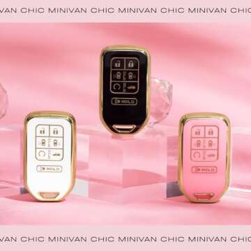 MINIVAN CHIC- Key Fob Cover fit for Honda Odyssey 7 Button Remote- Fob Accessories with Easy-Press Enhancers for 2018 2019 2020 2021 2022 2023 2024 Elite Touring EXL Sport EX (White & Gold)