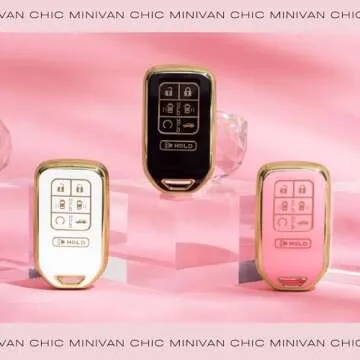 MINIVAN CHIC- Key Fob Cover fit for Honda Odyssey 7 Button Remote- Fob Accessories with Easy-Press Enhancers for 2018 2019 2020 2021 2022 2023 2024 Elite Touring EXL Sport EX (White & Gold)