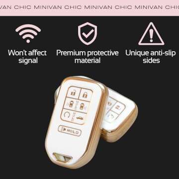 MINIVAN CHIC- Key Fob Cover fit for Honda Odyssey 7 Button Remote- Fob Accessories with Easy-Press Enhancers for 2018 2019 2020 2021 2022 2023 2024 Elite Touring EXL Sport EX (White & Gold)