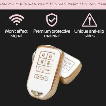 MINIVAN CHIC- Key Fob Cover fit for Honda Odyssey 7 Button Remote- Fob Accessories with Easy-Press Enhancers for 2018 2019 2020 2021 2022 2023 2024 Elite Touring EXL Sport EX (White & Gold)