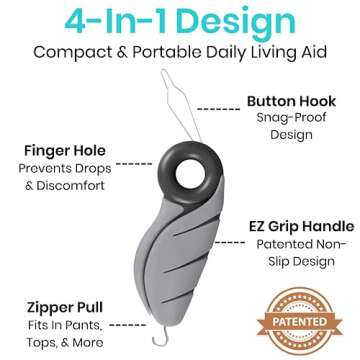 Vive Button Hook with Finger Hole - Zipper Gripper Pull Helper - Dressing Aid Assist - Buttoning Tool Device for Arthritis, Limited Mobility, Independent Living - Dexterity Handle Grip for Clothes
