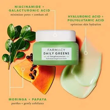 Farmacy Daily Greens Face Moisturizer - Oil Free Facial Moisturizer with Polyglutamic + Hyaluronic Acid - Gel Facial Cream that Reduces Shine, Clears Pores + Balances Oil - Fragrance-Free (50ml)