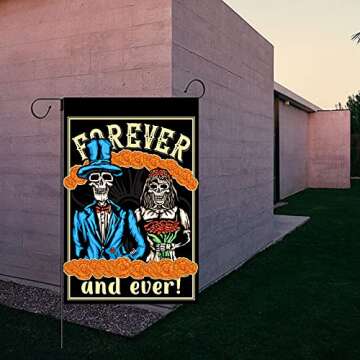 Day of the Dead Garden Flag Outdoor Vertical Double Sided Dia de Los Muertos Yard Signs with Stakes and Lawn Decorations Flower Suger Skull Hanging Garland Party Supplies (Forever and ever)