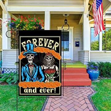 Day of the Dead Garden Flag Outdoor Vertical Double Sided Dia de Los Muertos Yard Signs with Stakes and Lawn Decorations Flower Suger Skull Hanging Garland Party Supplies (Forever and ever)