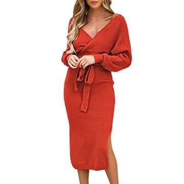 Viottiset Women's V Neck Bat Long Sleeve Sexy Backless Wrap Body Con Holiday Cocktail Slit Long Maxi Knitted Sweater Dress with Belt Orange L
