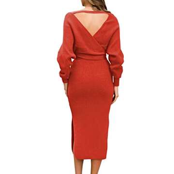 Viottiset Women's V Neck Bat Long Sleeve Sexy Backless Wrap Body Con Holiday Cocktail Slit Long Maxi Knitted Sweater Dress with Belt Orange L