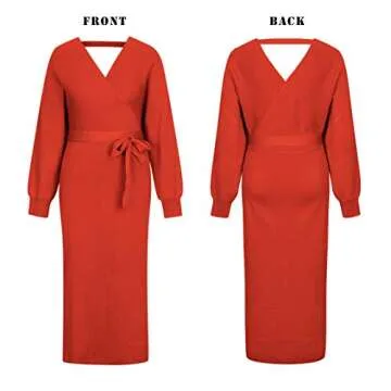 Viottiset Women's V Neck Bat Long Sleeve Sexy Backless Wrap Body Con Holiday Cocktail Slit Long Maxi Knitted Sweater Dress with Belt Orange L