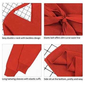 Viottiset Women's V Neck Bat Long Sleeve Sexy Backless Wrap Body Con Holiday Cocktail Slit Long Maxi Knitted Sweater Dress with Belt Orange L