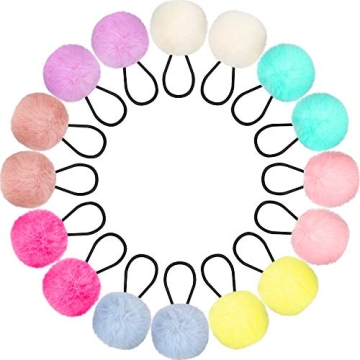 WILLBOND Pom Pom Fur Ball & Elastic Hair Ties - 16 Pieces Fluffy Scrunchies & Ponytail Holders for W...