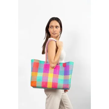 Fiesta Super Tote, Handwoven Plastic Tote, Mexican Plastic Woven Bag, Beach Bag, Summer Bag, Multi-Color Beach Bag, Water-Resistant Tote