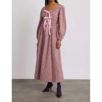 ABYOVRT Women Plaid Maxi Dress Long Puff Sleeve Square Neck Flowy Boho Dress Bow Tie Smocked Fall Dresses (Red a,S)