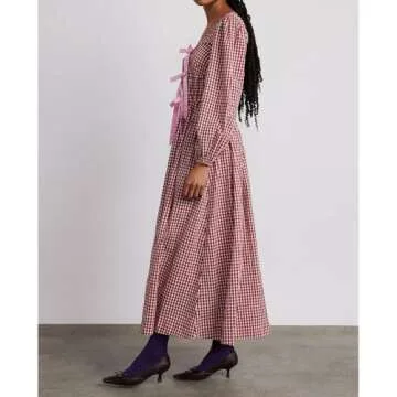 ABYOVRT Women Plaid Maxi Dress Long Puff Sleeve Square Neck Flowy Boho Dress Bow Tie Smocked Fall Dresses (Red a,S)