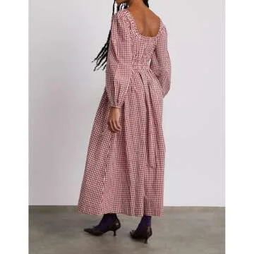 ABYOVRT Women Plaid Maxi Dress Long Puff Sleeve Square Neck Flowy Boho Dress Bow Tie Smocked Fall Dresses (Red a,S)