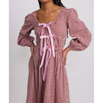 ABYOVRT Women Plaid Maxi Dress Long Puff Sleeve Square Neck Flowy Boho Dress Bow Tie Smocked Fall Dresses (Red a,S)