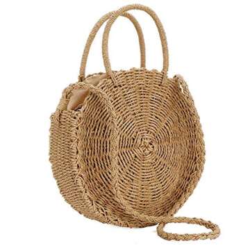 Round Straw Bag Rattan Crossbody Bag Handwoven Natural Summer Beach Shoulder Bag for Women (Coffee color)
