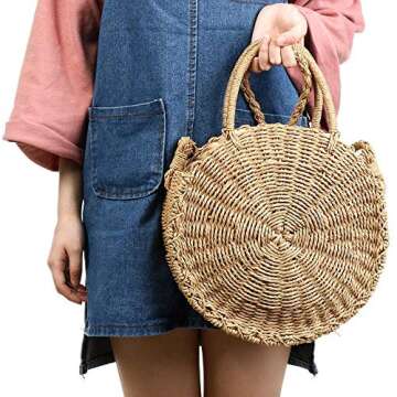 Round Straw Bag Rattan Crossbody Bag Handwoven Natural Summer Beach Shoulder Bag for Women (Coffee color)