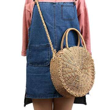 Round Straw Bag Rattan Crossbody Bag Handwoven Natural Summer Beach Shoulder Bag for Women (Coffee color)