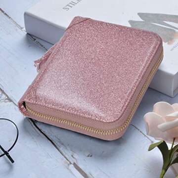 Easyoulife Womens Credit Card Holder Wallet Zip Leather Card Case RFID Blocking (Glitter Light Purpl...