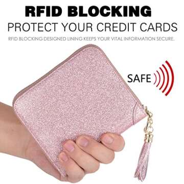 Easyoulife Womens Credit Card Holder Wallet Zip Leather Card Case RFID Blocking (Glitter Light Purple)