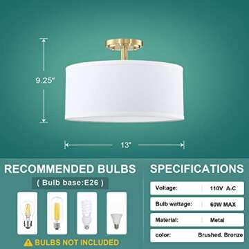 Fabric Drum Shade semi Flush Mount Ceiling Light PS Diffuser,Off White Fabric Chandeliers Shade for Bar, Dining Room, Corridor,Living Room (Gold, 13")