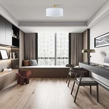 Fabric Drum Shade semi Flush Mount Ceiling Light PS Diffuser,Off White Fabric Chandeliers Shade for Bar, Dining Room, Corridor,Living Room (Gold, 13")