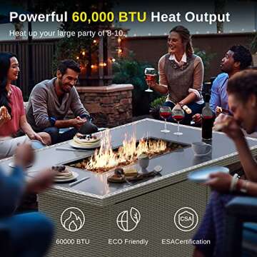 EAST OAK 52'' Propane Fire Pit Table, 60,000 BTU Gas Firepit W/Large Tempered Glass Tabletop, CSA Ce...