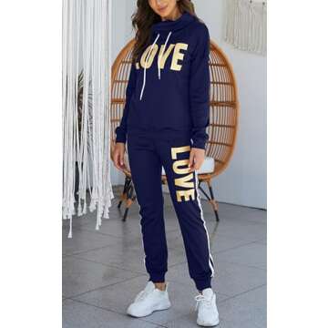 Angsuttc Women 2 Piece Sweatsuit Outfits Letter Print Tracksuits Long Sleeve Pullover Sweatshirt Jogging Pants Set Navyblue XL