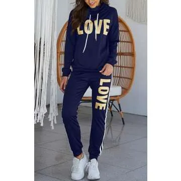 Angsuttc Women 2 Piece Sweatsuit Outfits Letter Print Tracksuits Long Sleeve Pullover Sweatshirt Jogging Pants Set Navyblue XL