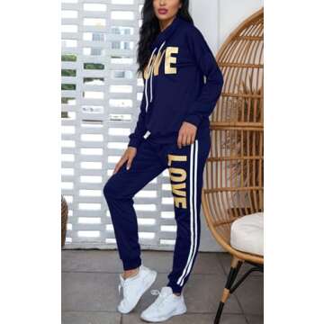 Angsuttc Women 2 Piece Sweatsuit Outfits Letter Print Tracksuits Long Sleeve Pullover Sweatshirt Jogging Pants Set Navyblue XL