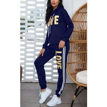 Angsuttc Women 2 Piece Sweatsuit Outfits Letter Print Tracksuits Long Sleeve Pullover Sweatshirt Jogging Pants Set Navyblue XL