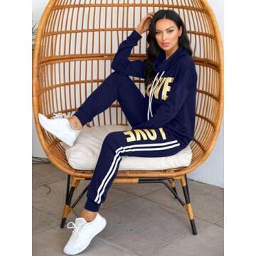 Angsuttc Women 2 Piece Sweatsuit Outfits Letter Print Tracksuits Long Sleeve Pullover Sweatshirt Jogging Pants Set Navyblue XL