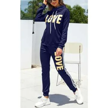 Angsuttc Women 2 Piece Sweatsuit Outfits Letter Print Tracksuits Long Sleeve Pullover Sweatshirt Jogging Pants Set Navyblue XL