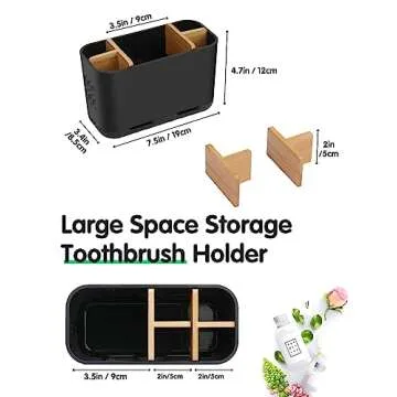 GFWARE Black Toothbrush Holder, Bamboo Toothbrush and Toothpaste Holder with Drainage, Electric Kids Matte Black Toothbrush Holders Set Organizer for Bathrooms Countertop Accessories Storage