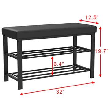 Finnhomy Entryway Shoe Rack with Cushioned Seat, Shoe Bench for Entry, 2 Shelves Storage Bench w/Fau...