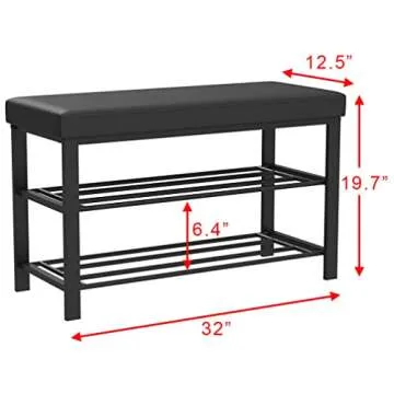 Finnhomy Entryway Shoe Rack with Cushioned Seat, Shoe Bench for Entry, 2 Shelves Storage Bench w/Fau...