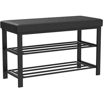Finnhomy Entryway Shoe Rack with Cushioned Seat, Shoe Bench for Entry, 2 Shelves Storage Bench w/Faux Leather Top Bed Bench, Black