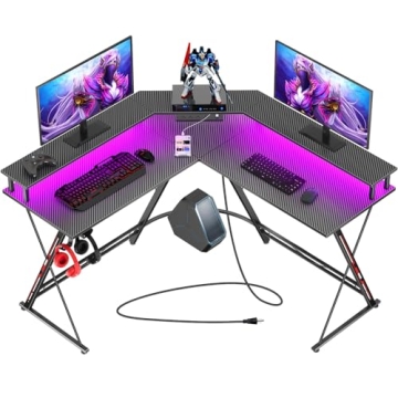 SEVEN WARRIOR L Shaped Gaming Desk with LED Lights & Power Outlets, 50.4” Computer Desk with Monit...