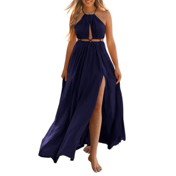 BTFBM Women Halter Summer Dress - Chic Sleeveless Cutout Backless Slit Maxi Dress
