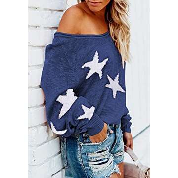 COCOLEGGINGS Women's V Neck Long Sleeve Stars Knit Jumper Sweater Navy Blue XL