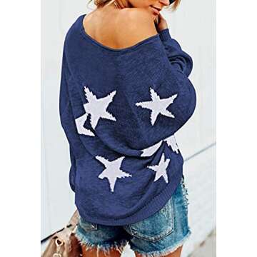 COCOLEGGINGS Women's V Neck Long Sleeve Stars Knit Jumper Sweater Navy Blue XL