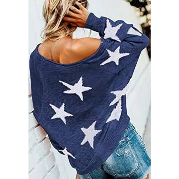 COCOLEGGINGS Women's V Neck Long Sleeve Stars Knit Jumper Sweater Navy Blue XL
