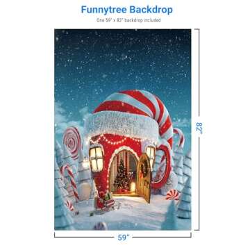 Funnytree 5x7ft Christmas Candy Cup House Photography Backdrop Snow Pine Tree Red and White Stripes Background Children Newborn Baby Portrait Photo Studio Photobooth Props